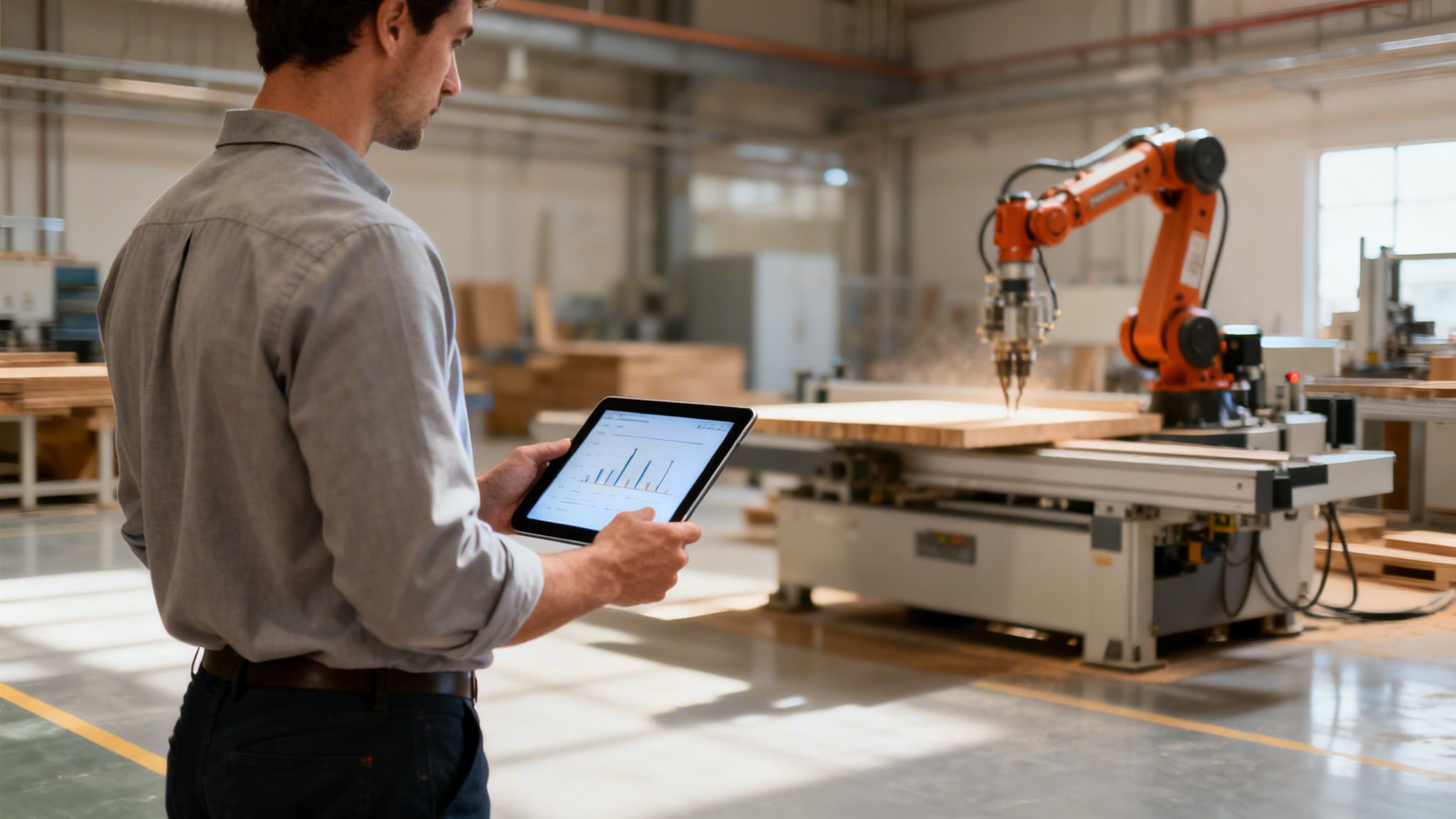 Engineer monitors an orange robotic arm carving wood with a tablet in a modern factory.