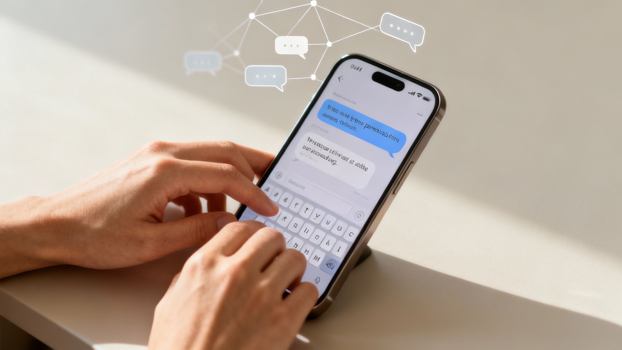 Hands typing a message on a smartphone, with a network of chat bubbles in the background.