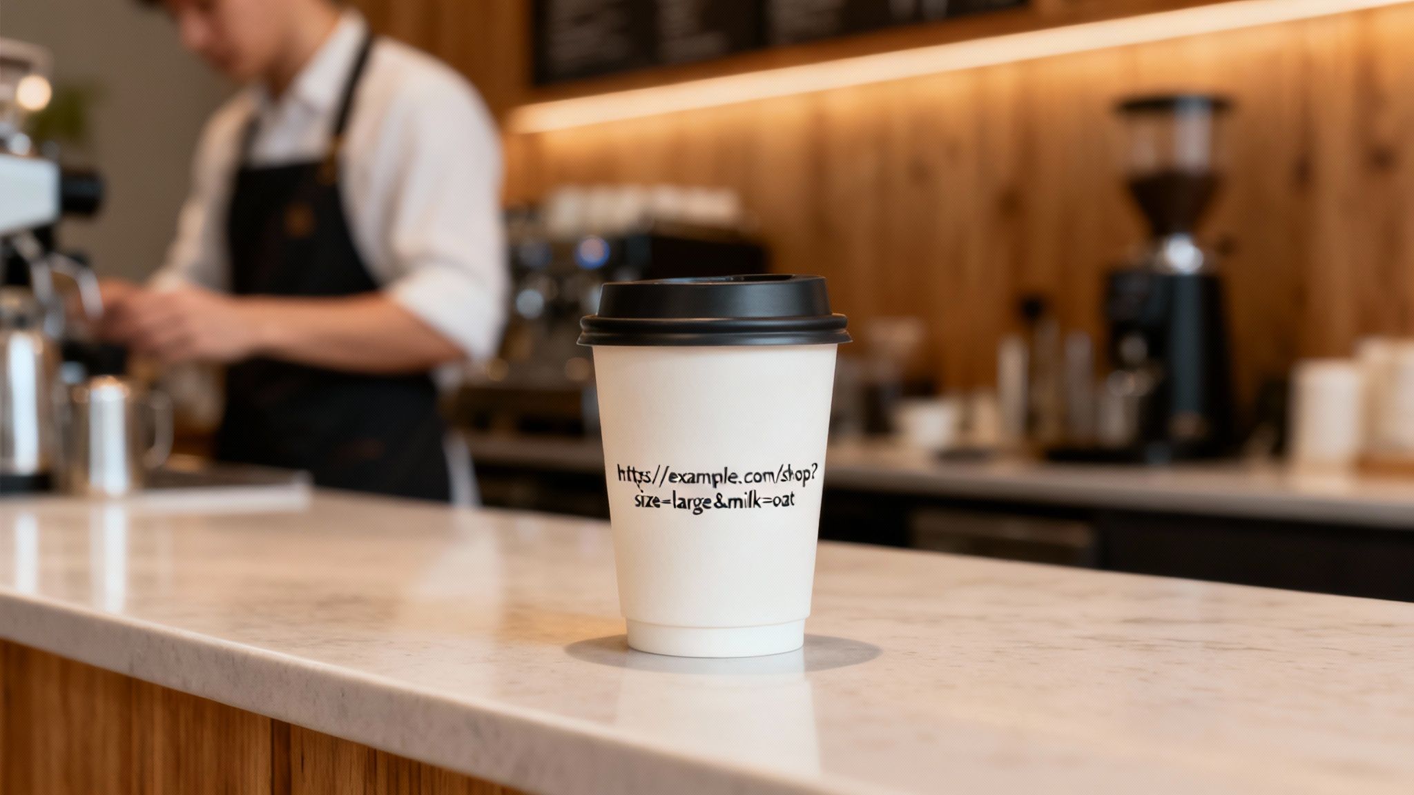 A white disposable coffee cup displays a URL with order details on a marble cafe counter.