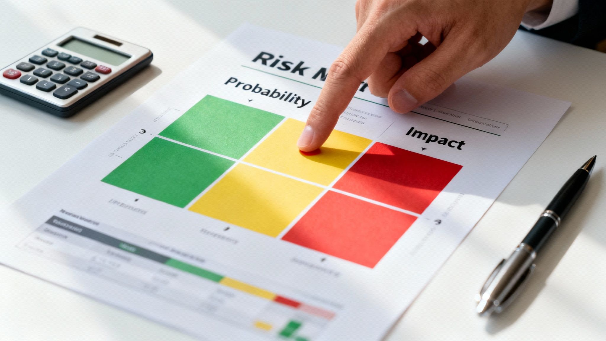 Hand pointing at a yellow section of a risk matrix chart, showing probability and impact.