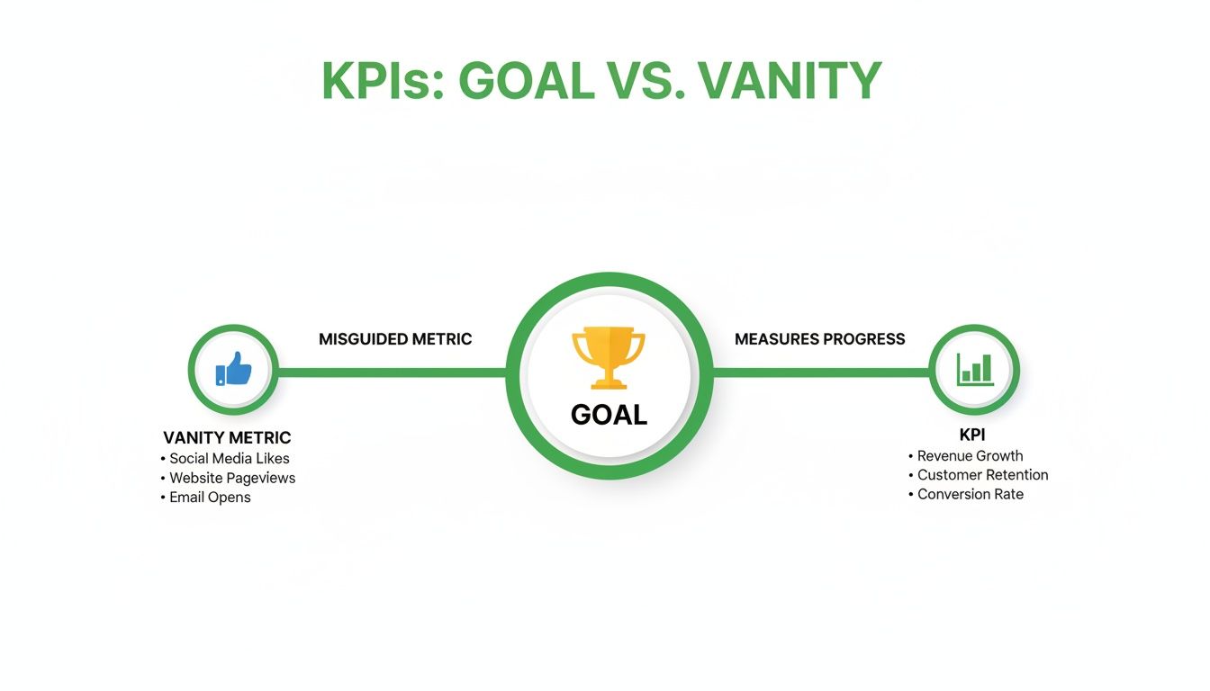 Diagram comparing vanity metrics (likes, pageviews) to true KPIs (revenue, retention) measuring progress toward a goal.