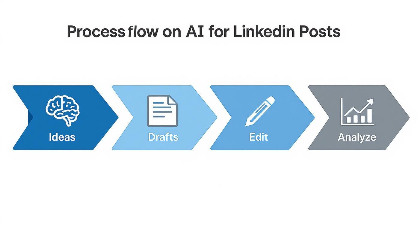 A four-step process flow diagram illustrating AI usage for LinkedIn posts: Ideas, Drafts, Edit, Analyze.