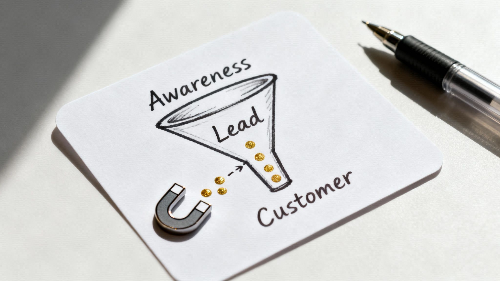 A hand-drawn sales funnel on a card illustrates customer journey from awareness to lead to customer, with a magnet attracting golden dots.