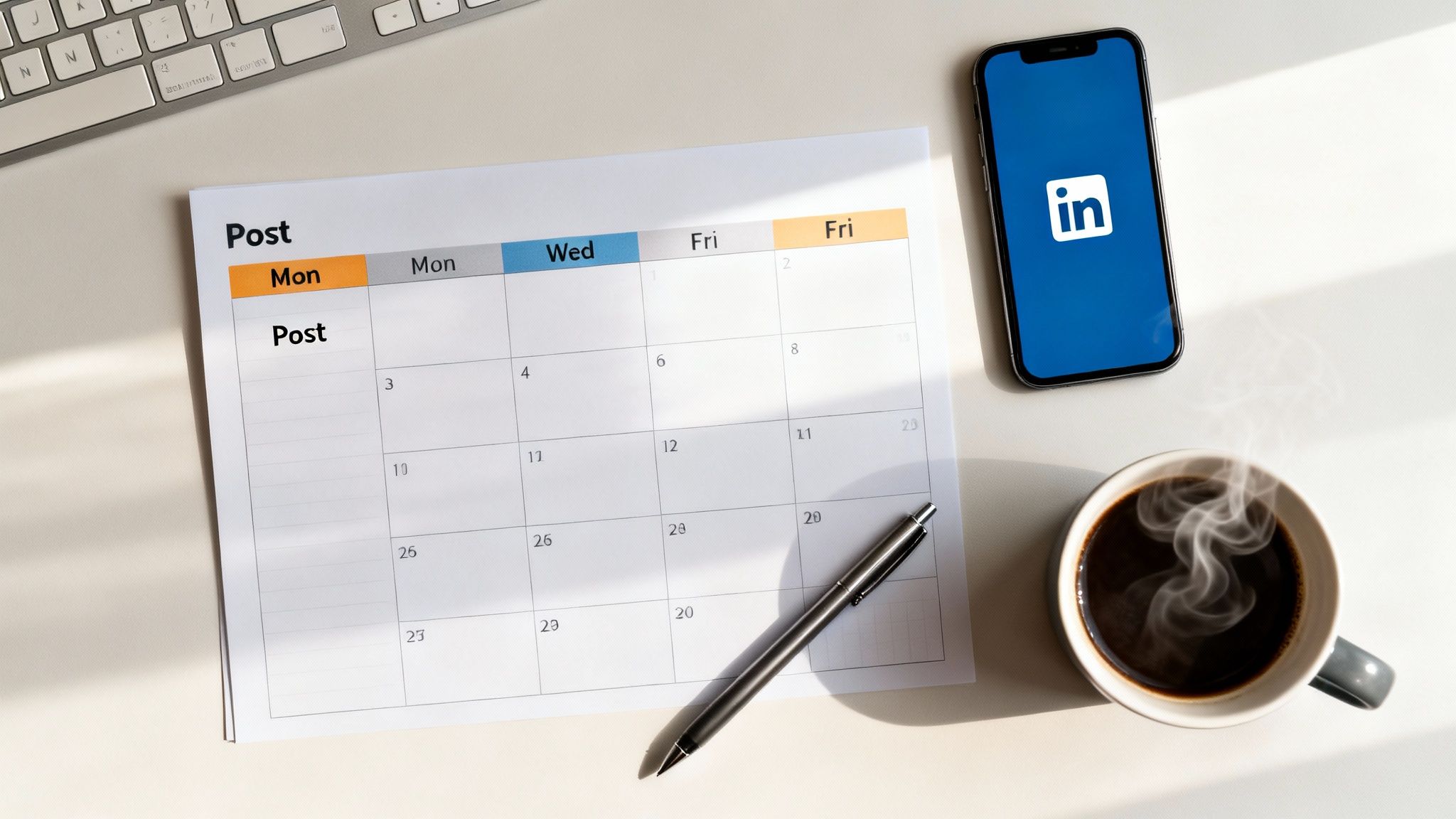 A flat lay of a social media posting schedule, smartphone with LinkedIn app, coffee, and keyboard.