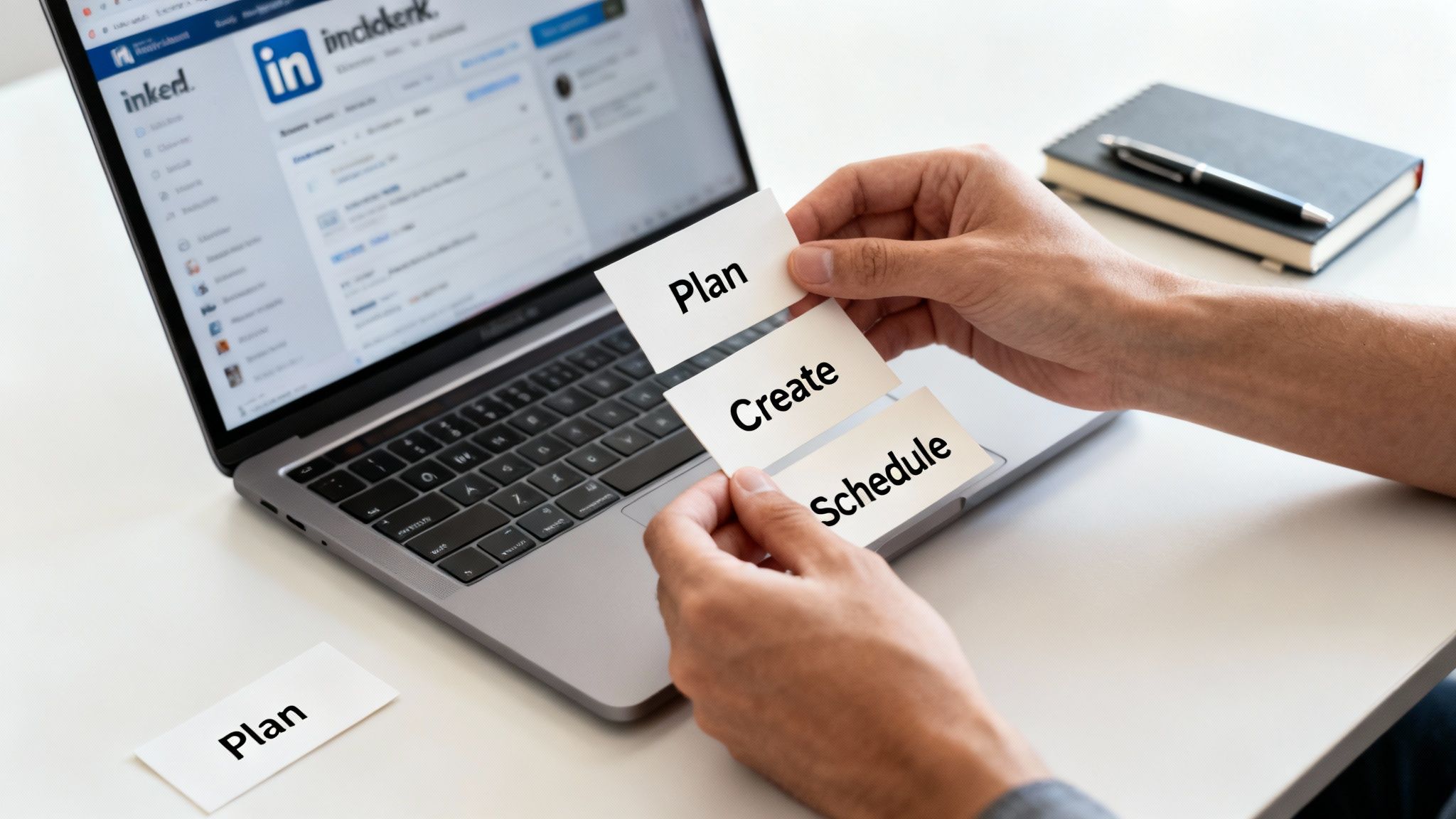 Hands holding 'Plan', 'Create', 'Schedule' cards in front of a laptop showing LinkedIn.