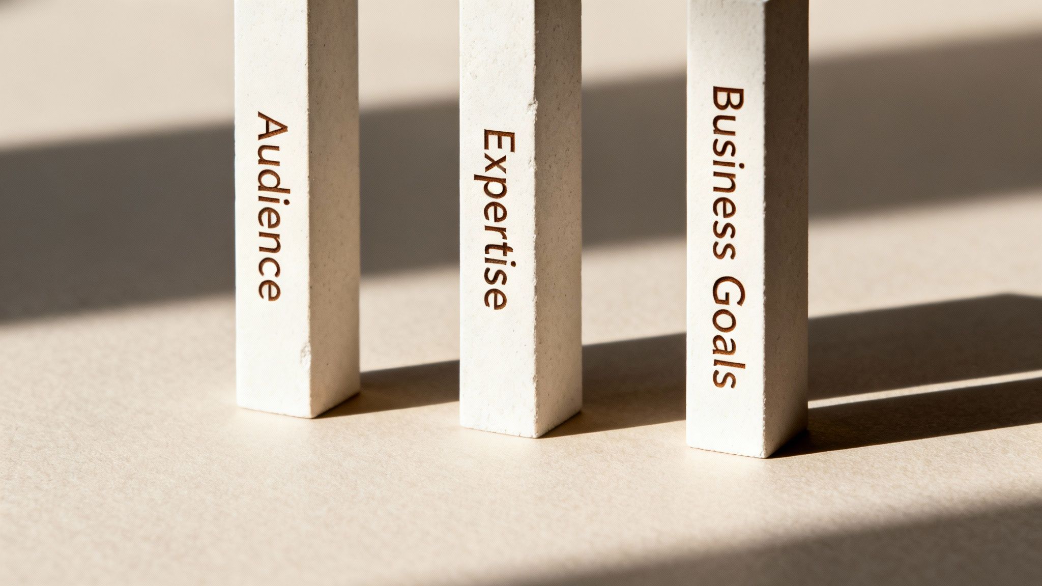 Three white blocks representing Audience, Expertise, and Business Goals for content planning.