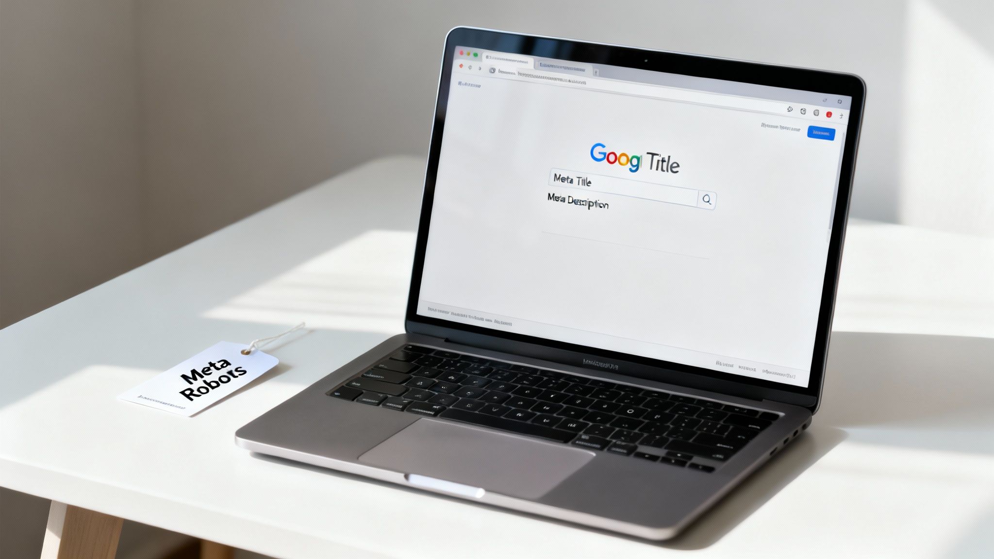 A laptop displays Google search results showing 'Meta Title' and 'Meta Description', with a 'Meta Robots' tag.