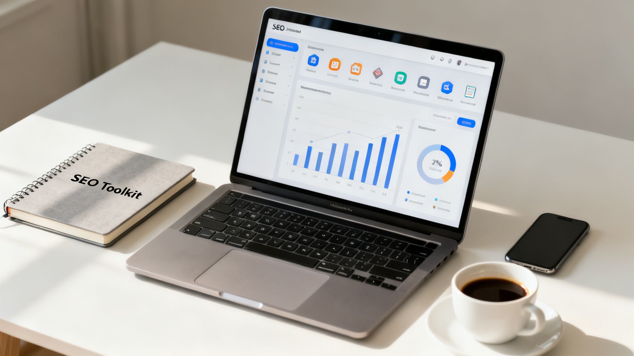 A clean desk setup featuring a laptop with an SEO dashboard, 'SEO Toolkit' notebook, smartphone, and coffee.
