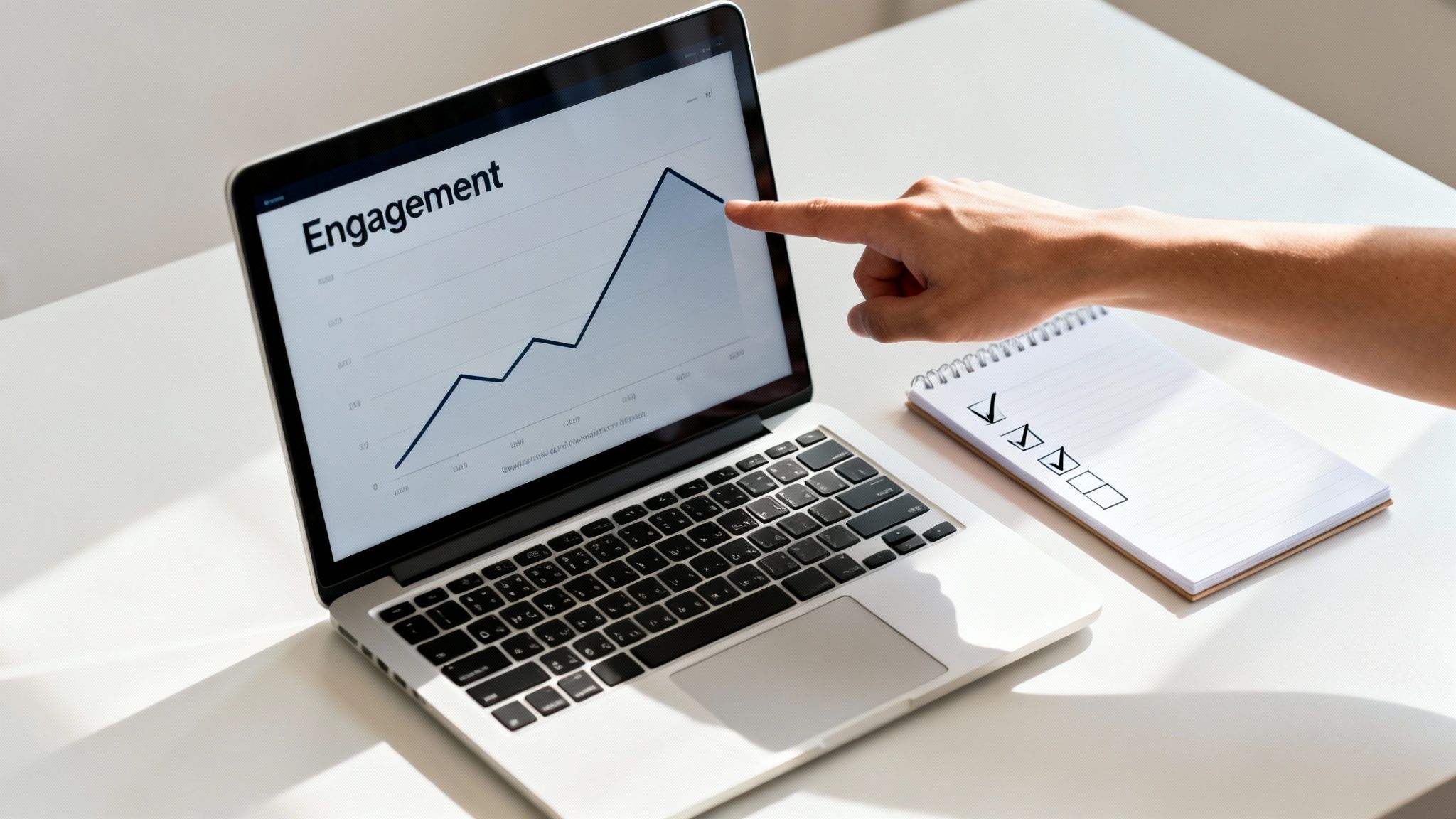 A hand points at a laptop displaying an 'Engagement' graph with an upward trend, next to a checklist notebook.