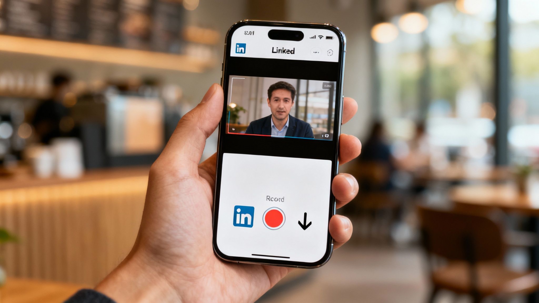 Woman holding a smartphone, seemingly about to post a video on the LinkedIn mobile app.