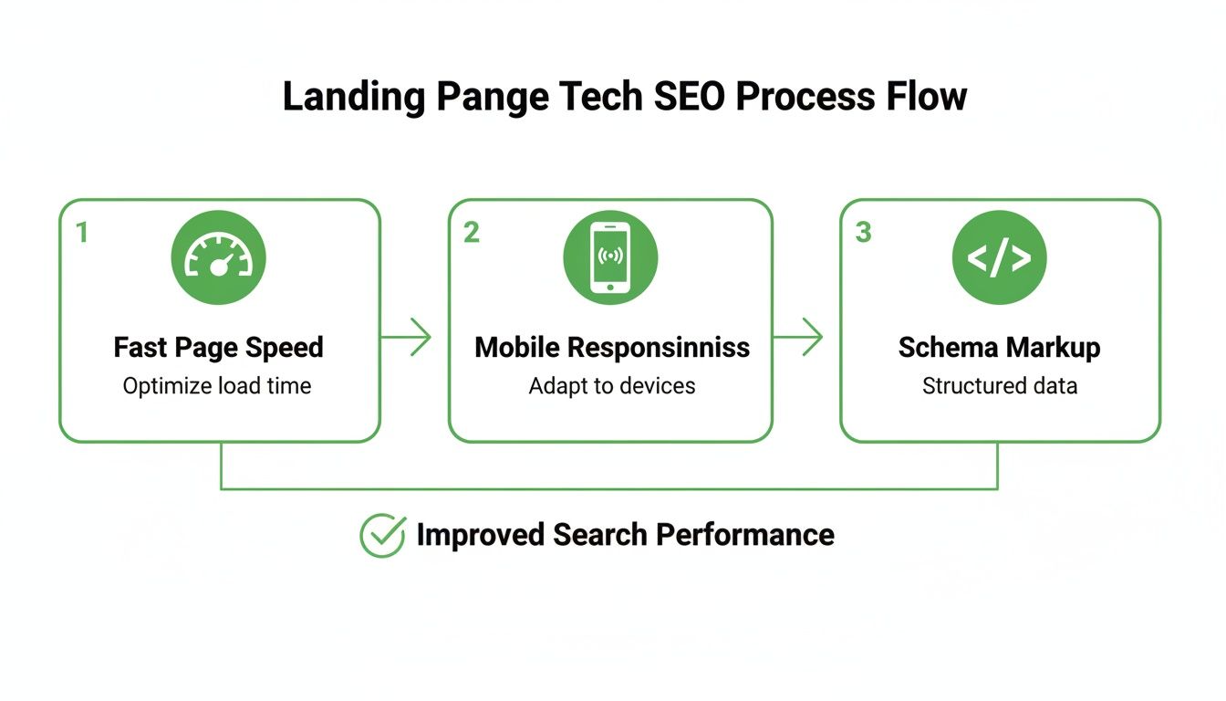 Landing-Page-SEO-Prozess-Flowchart, der schnelle Seitenladegeschwindigkeit, mobile Reaktionsfähigkeit und Schema-Markup für bessere Leistung zeigt.