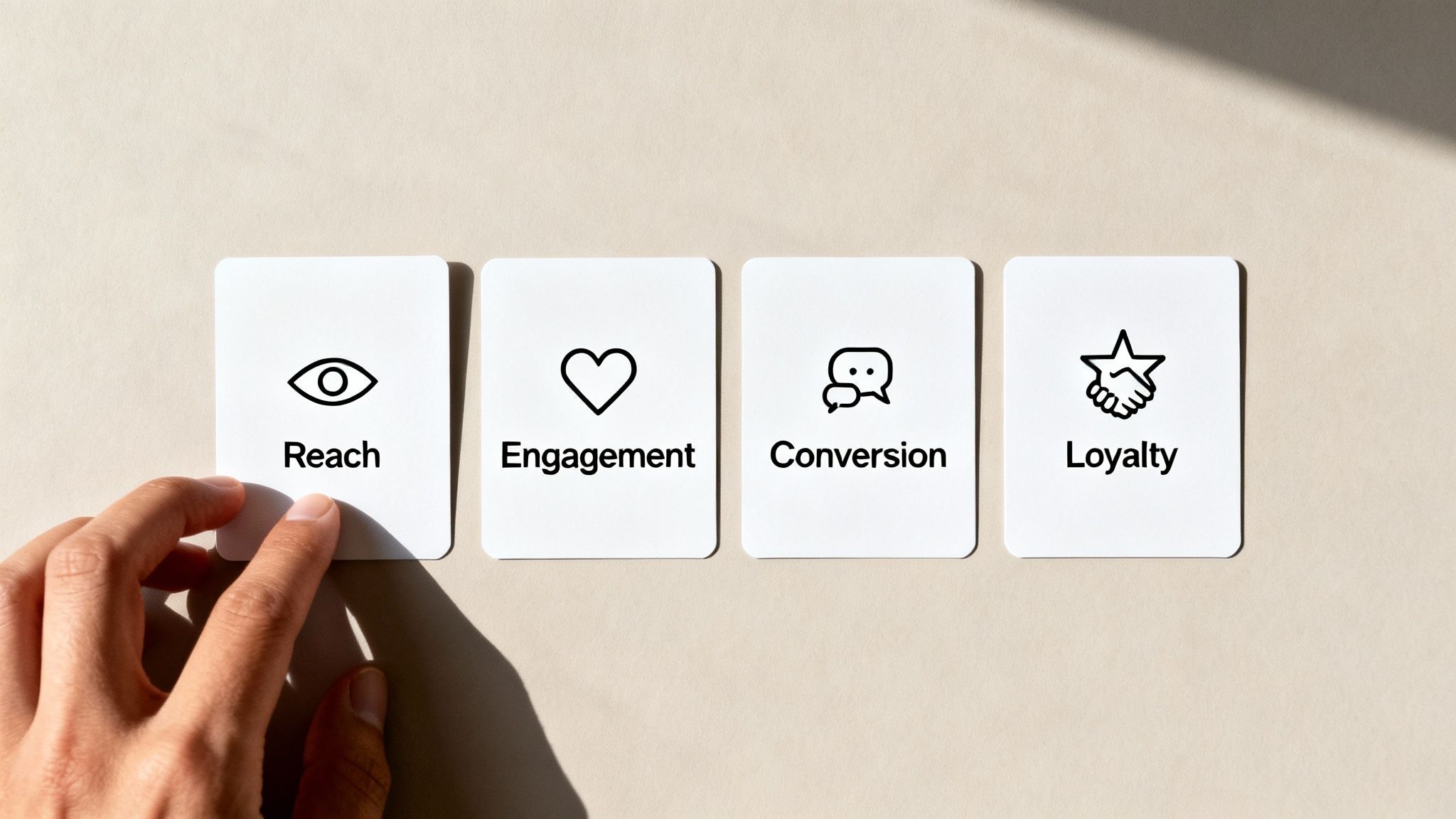 A hand points to a card labeled 'Reach' with an eye icon, alongside 'Engagement,' 'Conversion,' and 'Loyalty' cards.