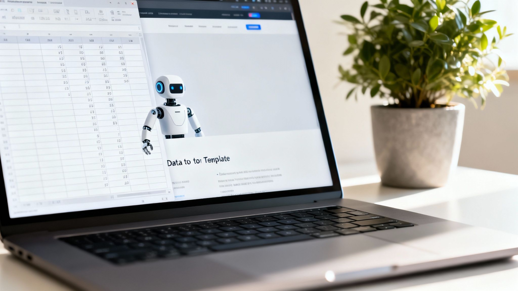 A laptop on a desk displays a spreadsheet and a webpage with a white robot and text.