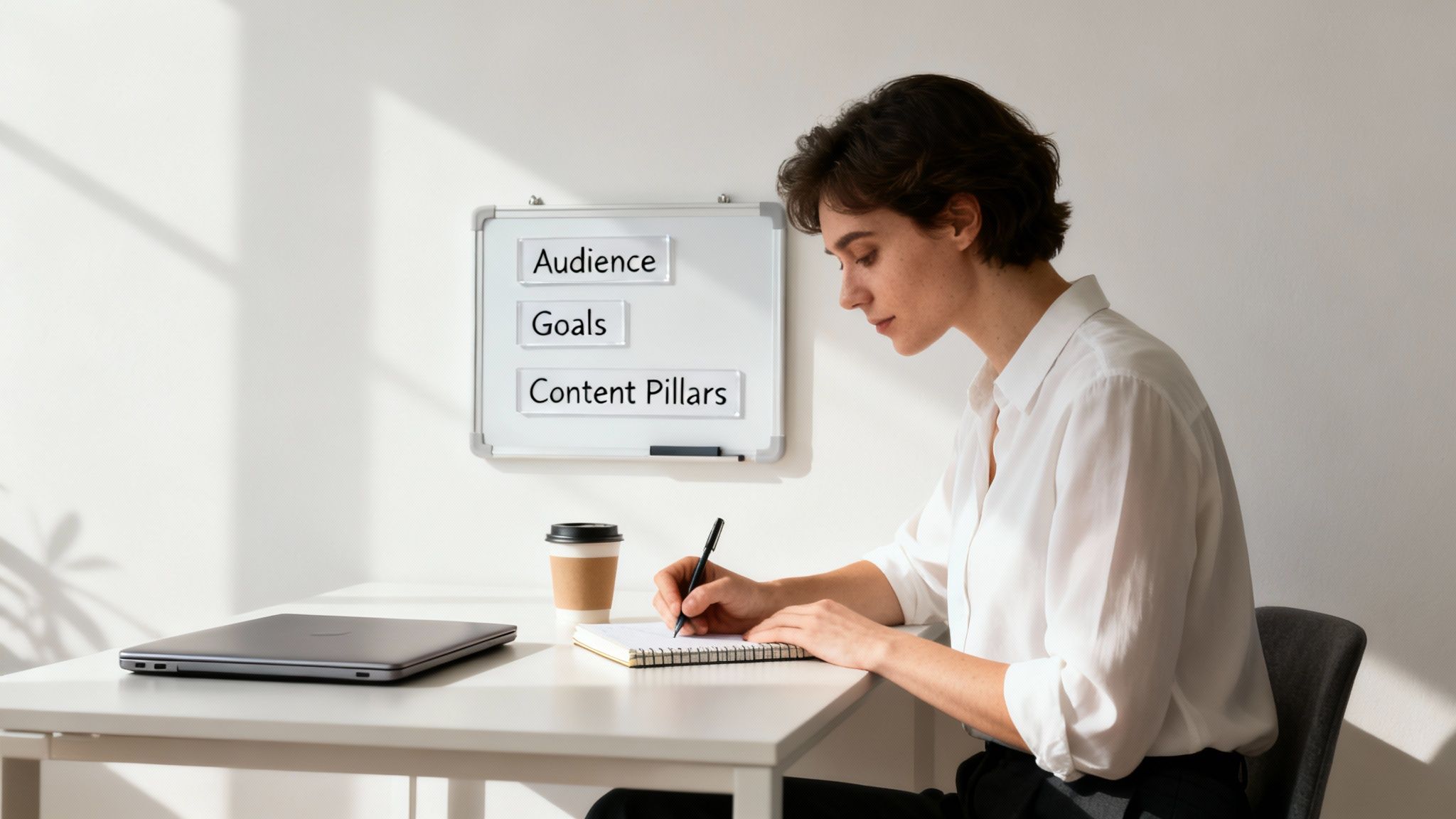 A woman planning content, writing in a notebook next to a whiteboard with "Audience", "Goals", and "Content Pillars".