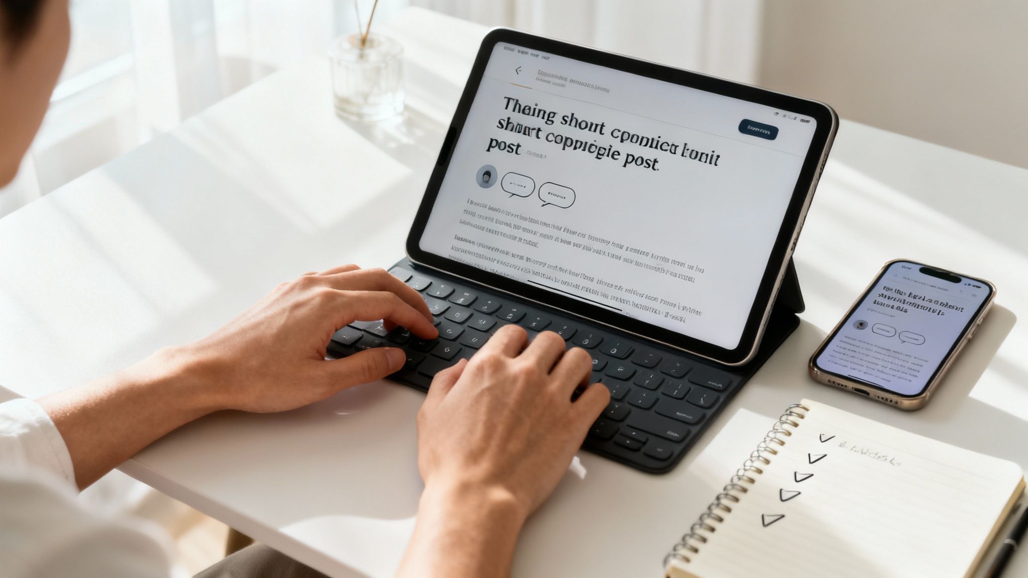 Hands typing on an iPad with a keyboard case, next to a smartphone and a checklist notebook.