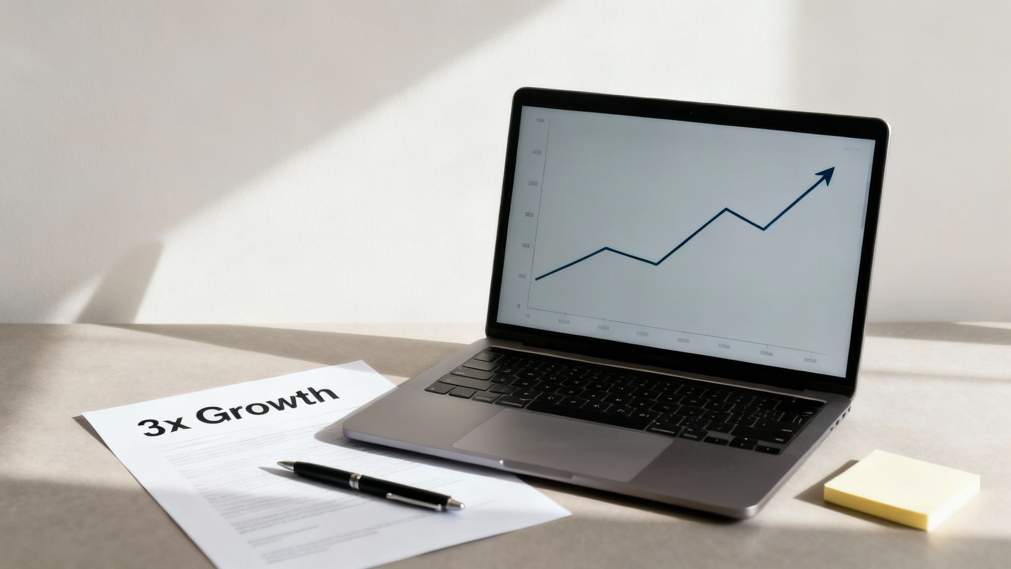 A laptop displaying an upward-trending growth chart, next to a document titled '3x Growth' and a pen.