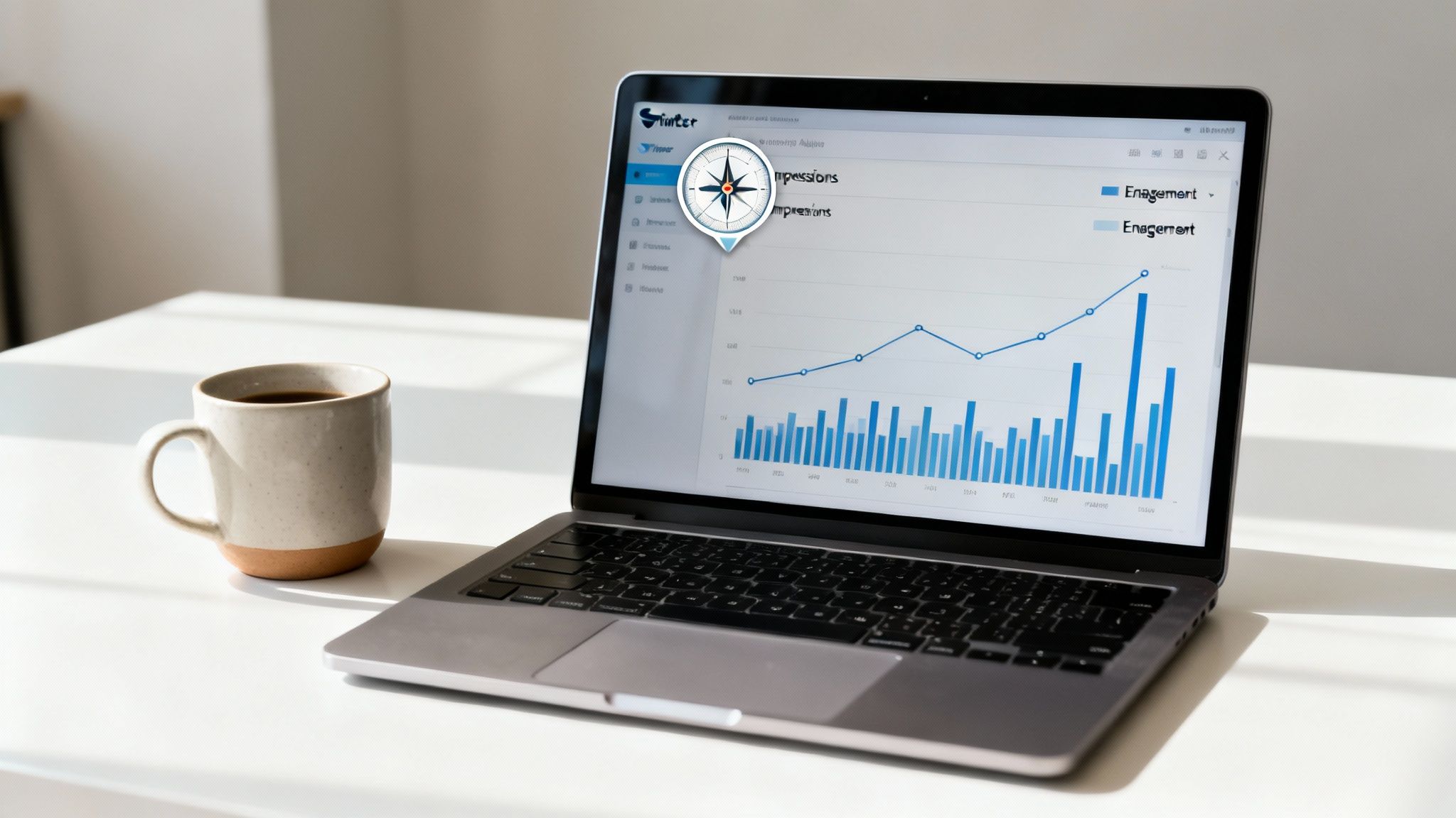 Laptop displaying Twitter analytics dashboard with engagement graph, bar chart, and a coffee cup.