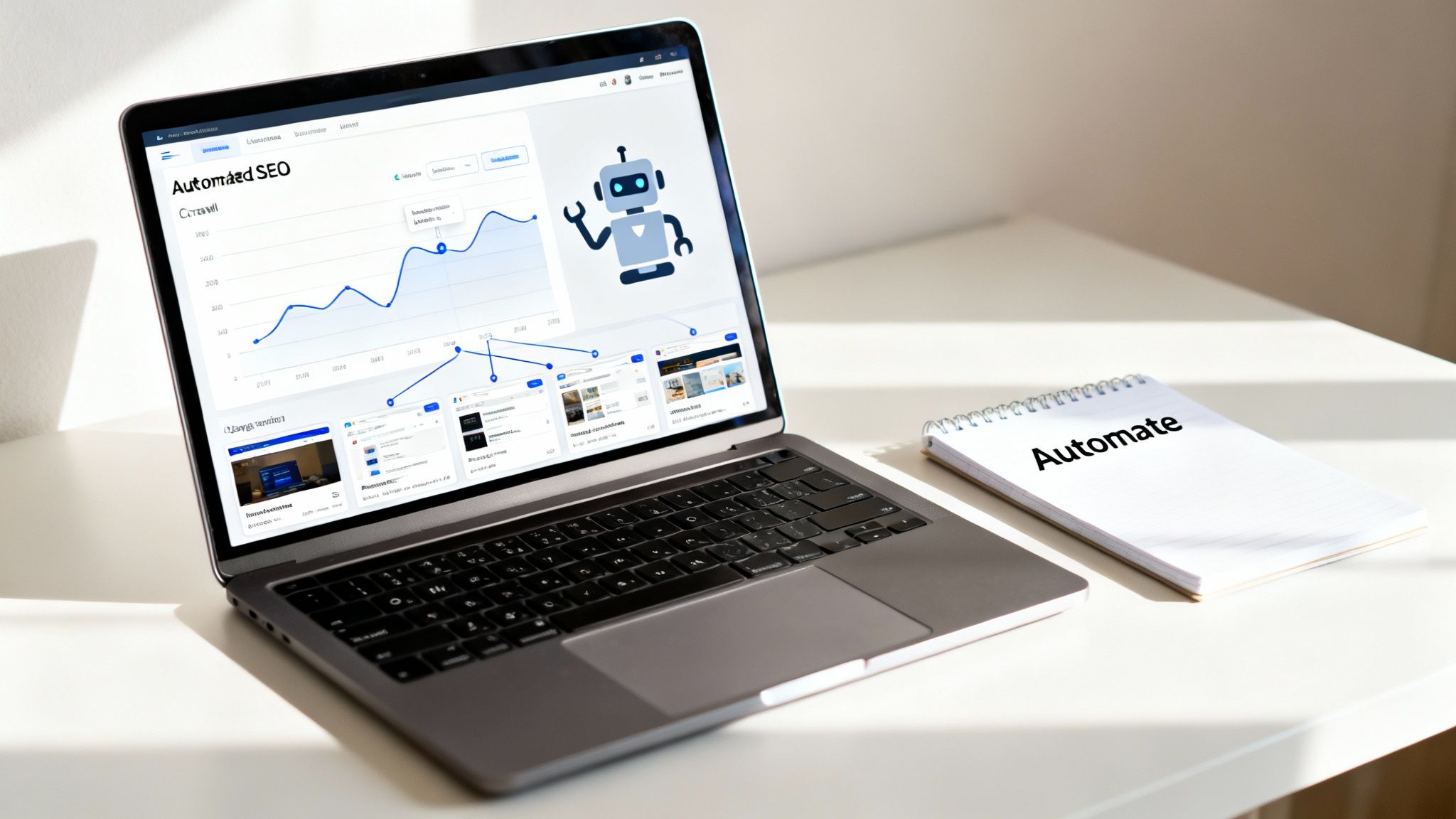 Laptop displaying an 'Automated SEO' dashboard with graphs and a robot icon, next to a notebook with 'Automate'.