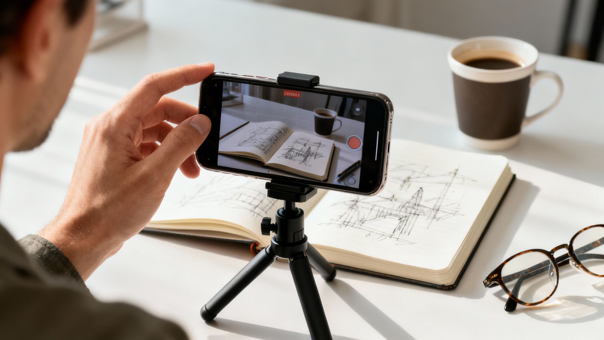 A person's hand adjusts a smartphone on a tripod, recording a sketchbook with drawings, coffee, and glasses on a white desk.