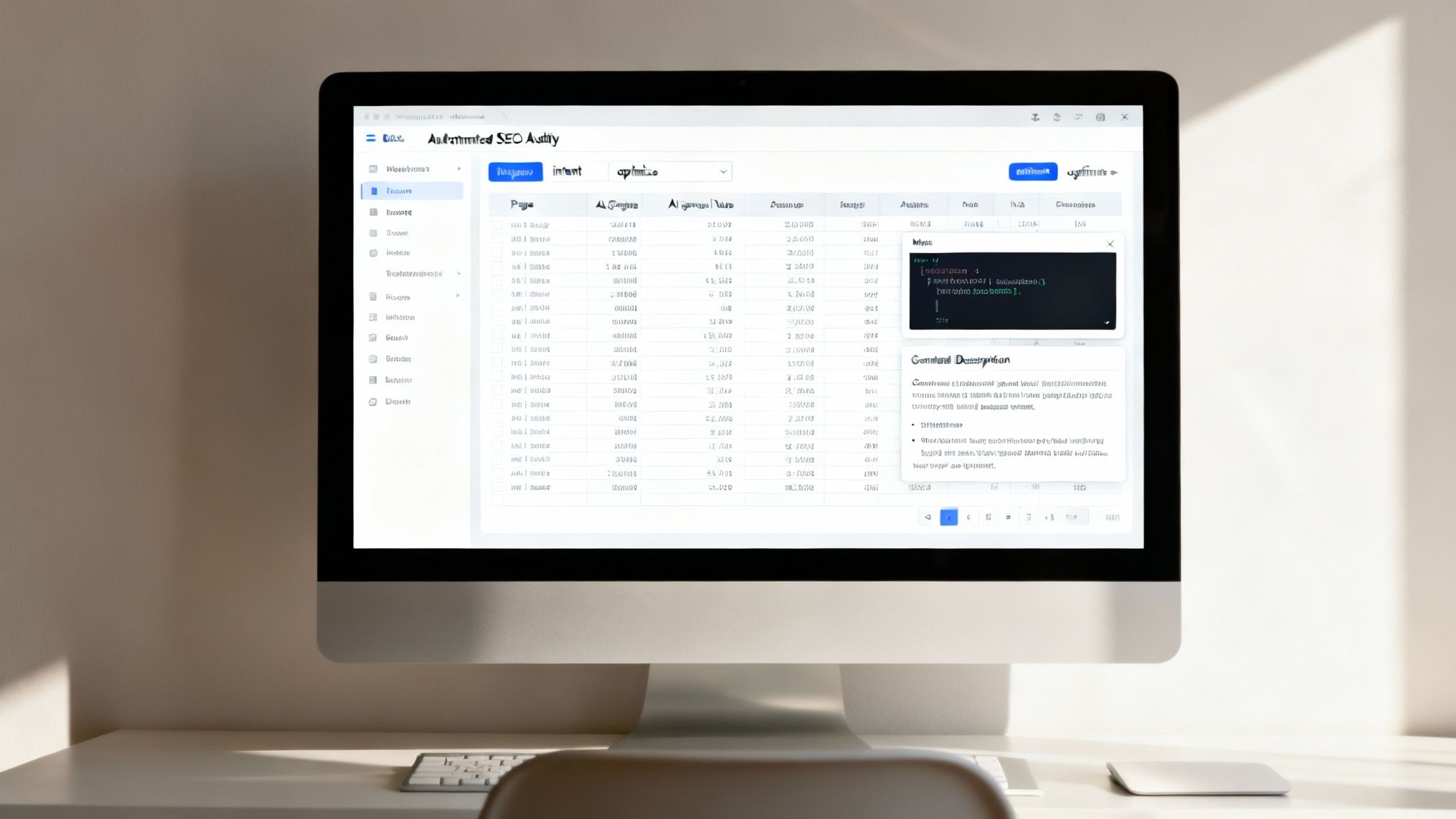 Automated SEO Audit tool dashboard displayed on a computer screen in a modern workspace.