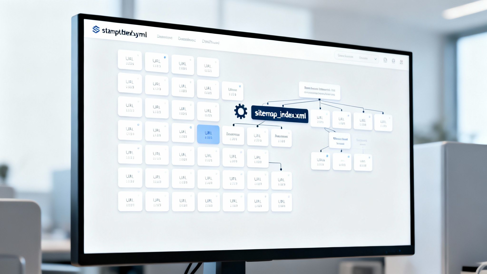 A computer monitor displays a sitemap checker tool, visualizing 'sitemap_index.xml' and its associated URLs in a structured view.