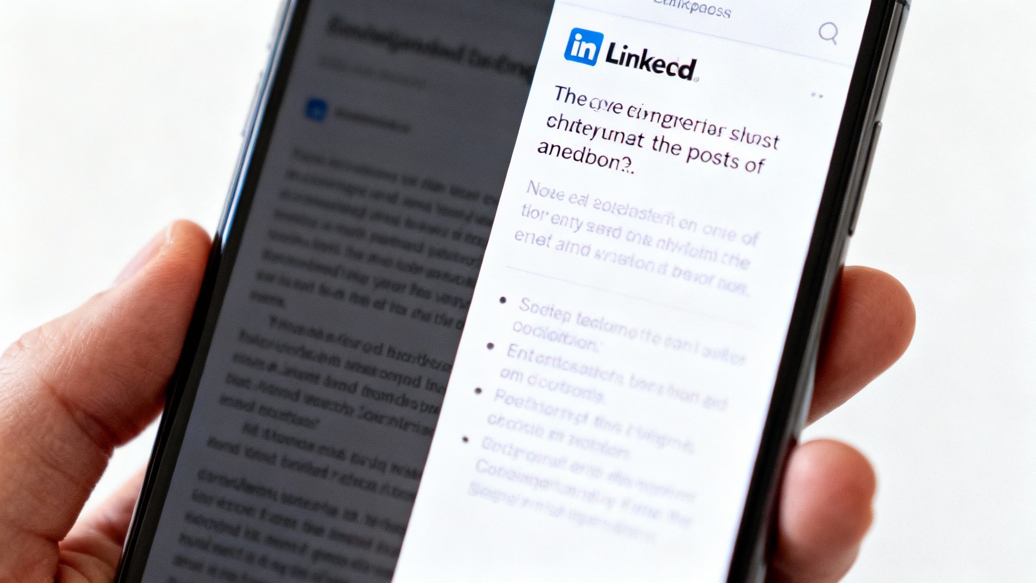 Person holding smartphone displaying LinkedIn mobile app with post formatting tips on screen