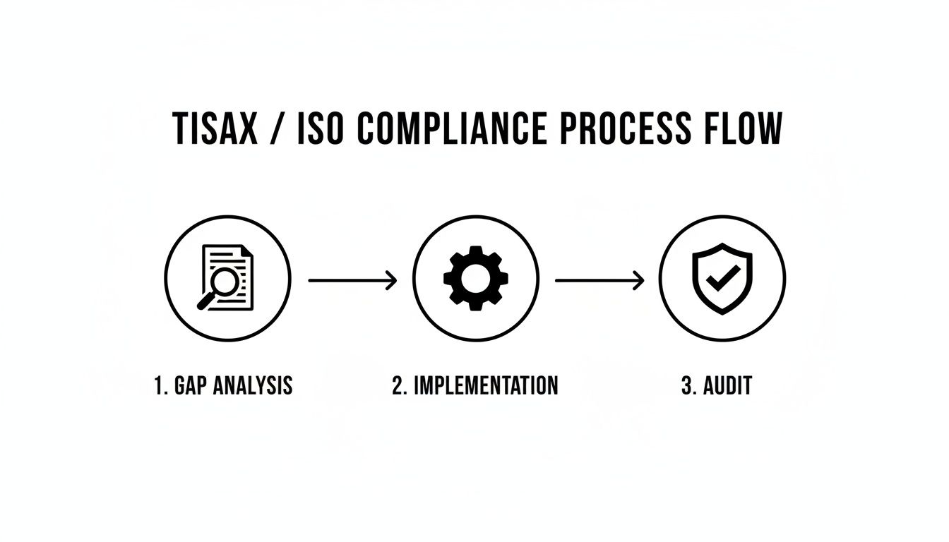 A TISAX / ISO compliance process flow diagram showing three key steps: gap analysis, implementation, and audit.