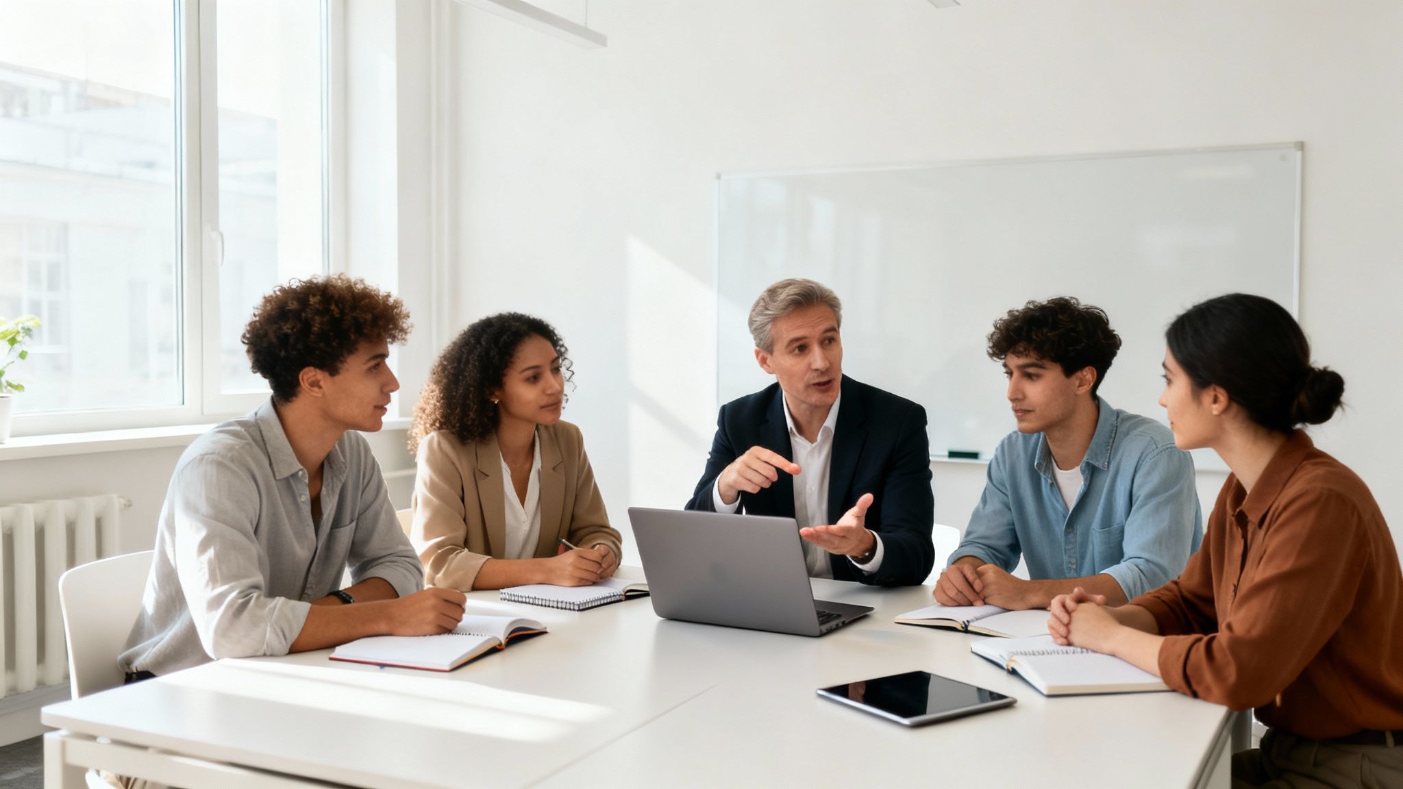 Diverse professionals collaborating in a bright, modern office during a business meeting.