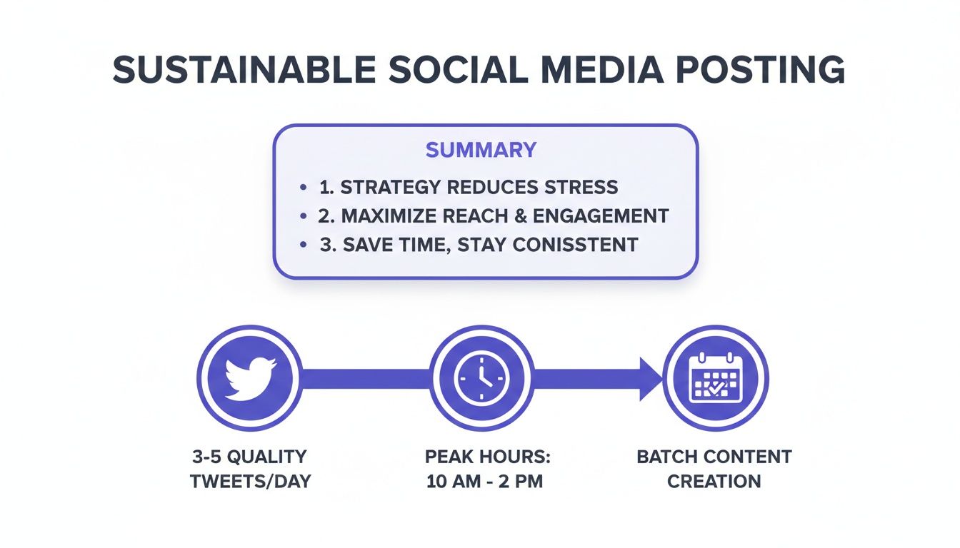Flowchart for sustainable Twitter social media posting strategy, emphasizing quality, timing, and batch creation.