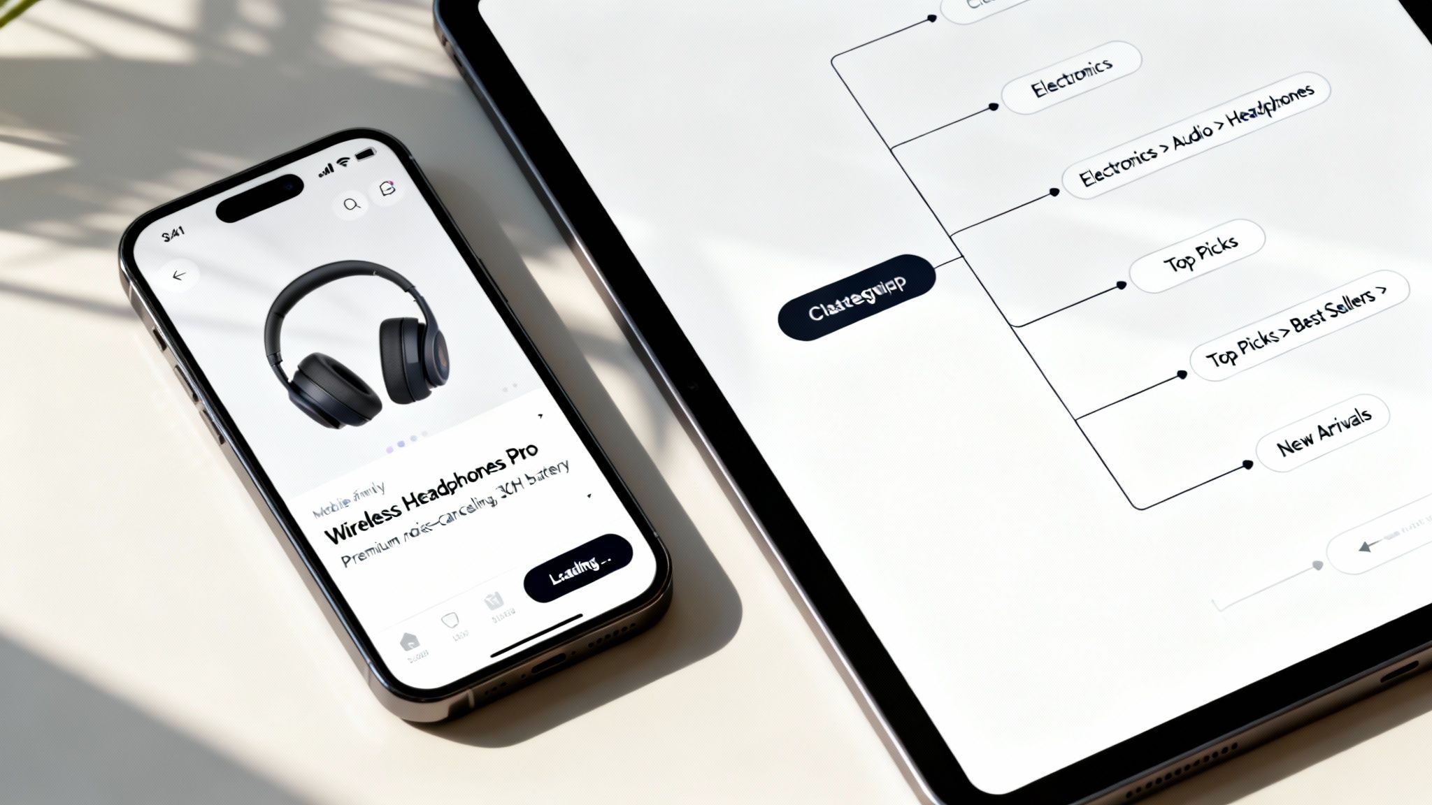 A smartphone shows wireless headphones on a product page, next to a tablet with e-commerce category navigation.
