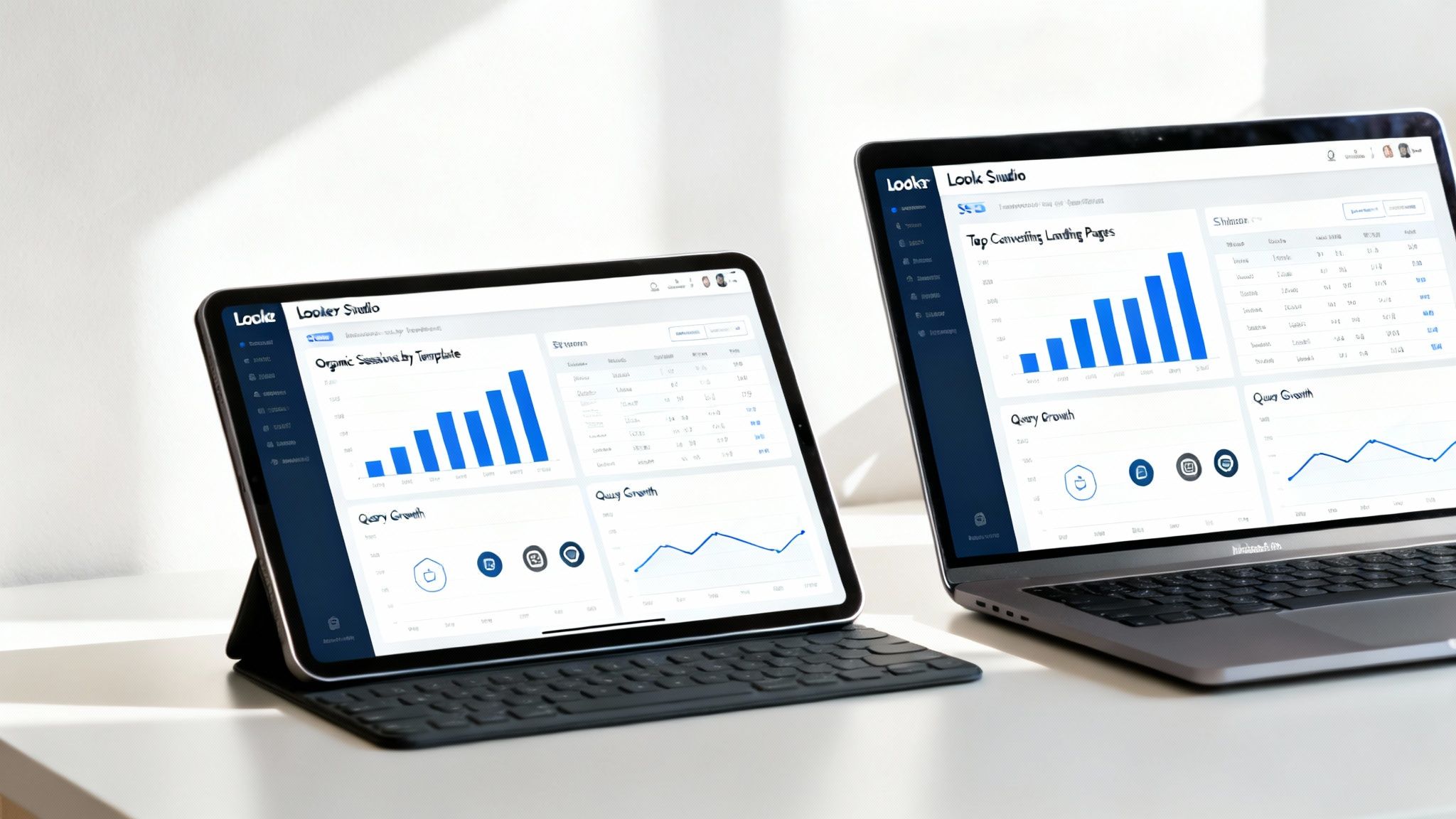 Tablet and laptop displaying Looker Studio dashboards with organic sessions and query growth charts.