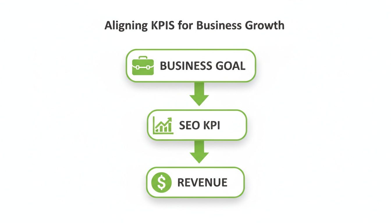 A diagram illustrating the alignment of business goals with SEO KPIs to drive revenue.