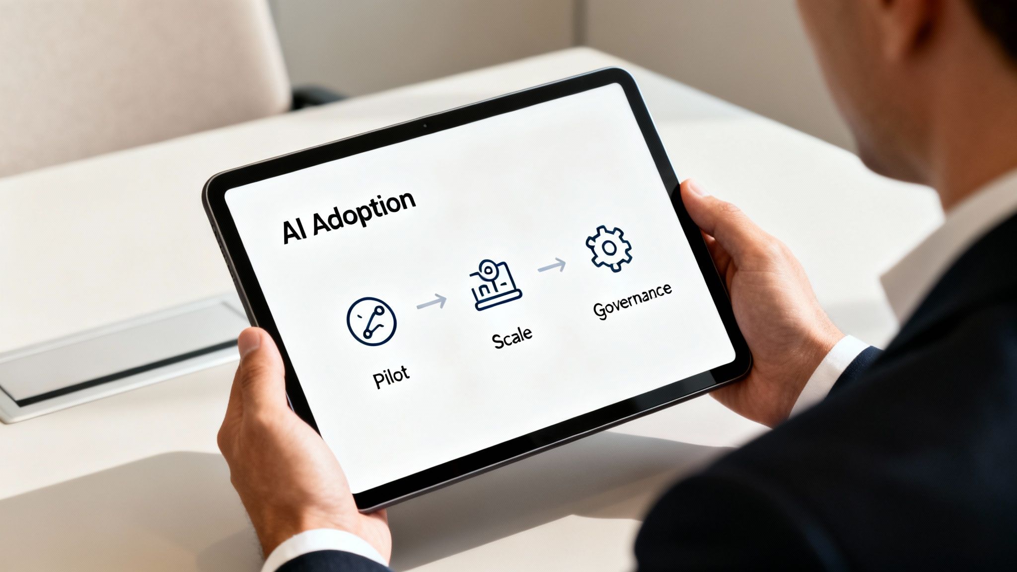 A person holds a tablet displaying an AI Adoption diagram with steps: Pilot, Scale, and Governance.