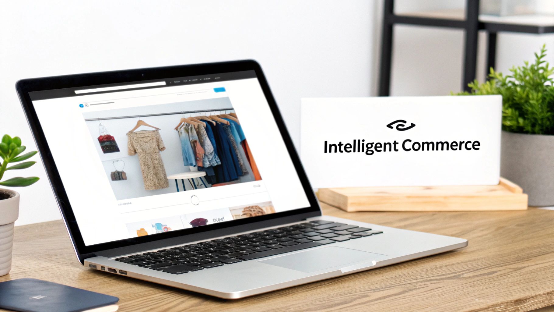 Ein Laptop zeigt eine E‑Commerce‑Modewebsite mit Kleidung, daneben ein Schild mit ‚Intelligenter Handel‘.