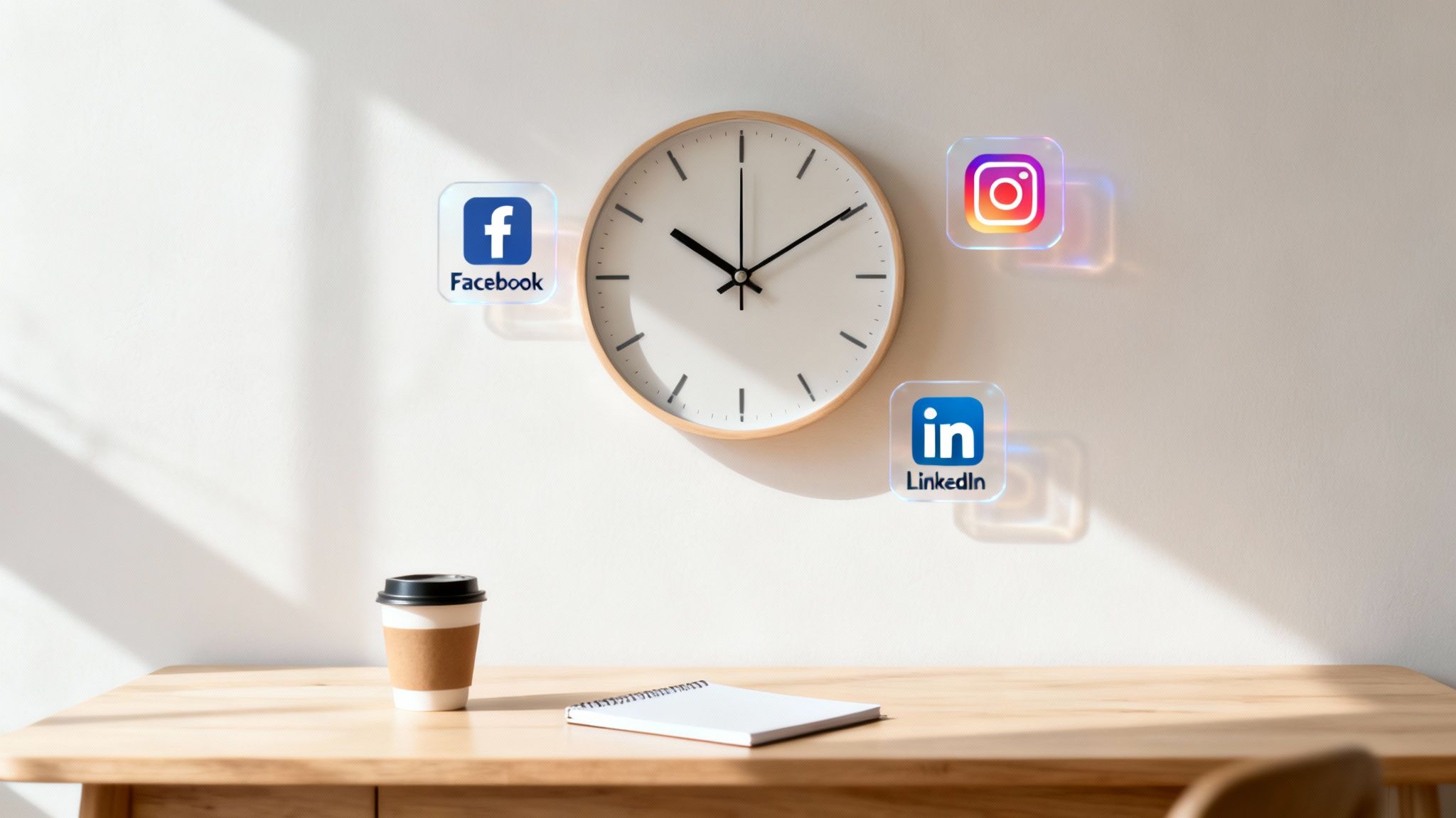 A wall clock with social media icons around it, a coffee cup, and a notebook on a wooden desk.