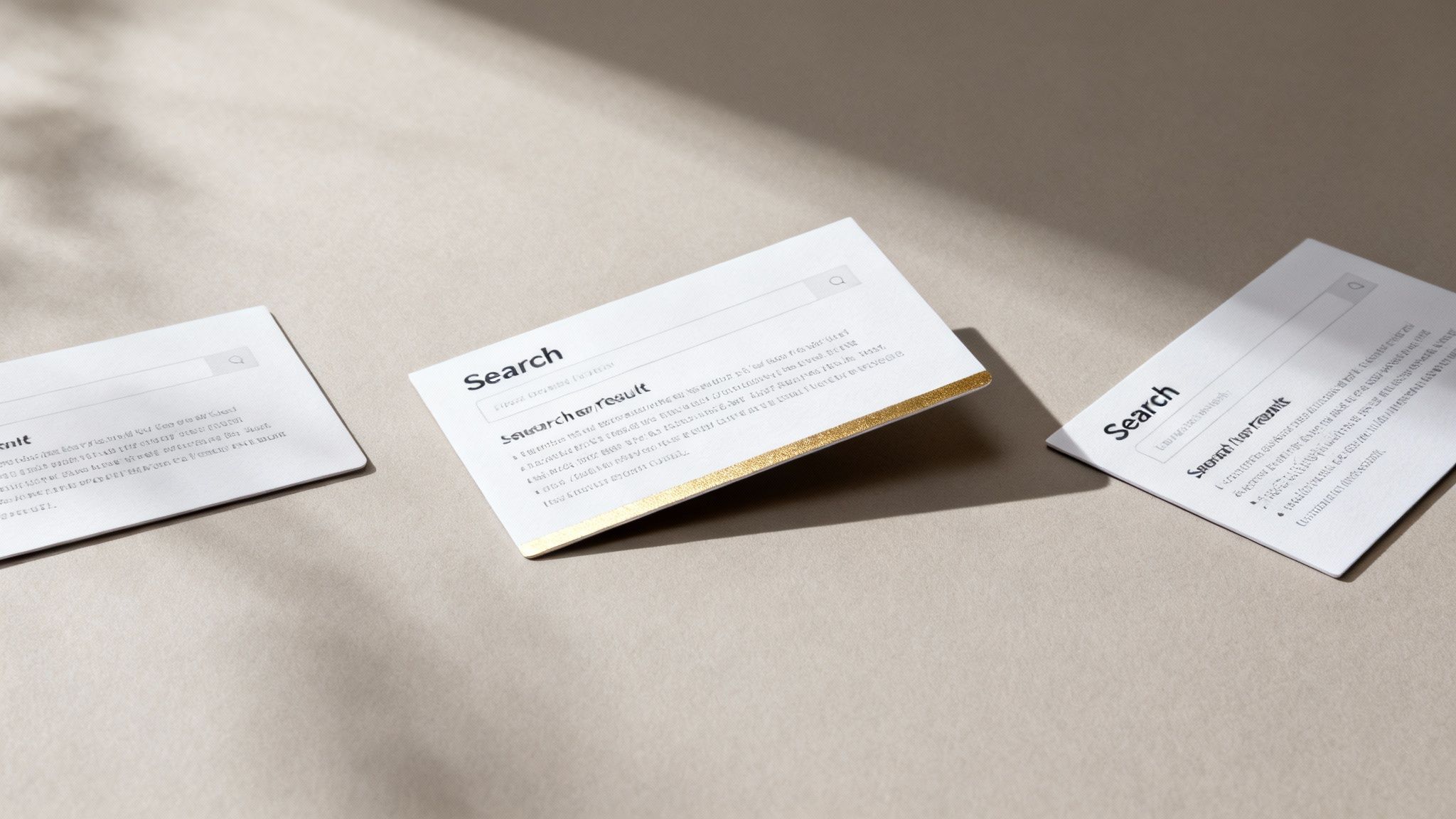 Three white cards resembling search result pages, one with a golden edge, on a beige surface with shadows.