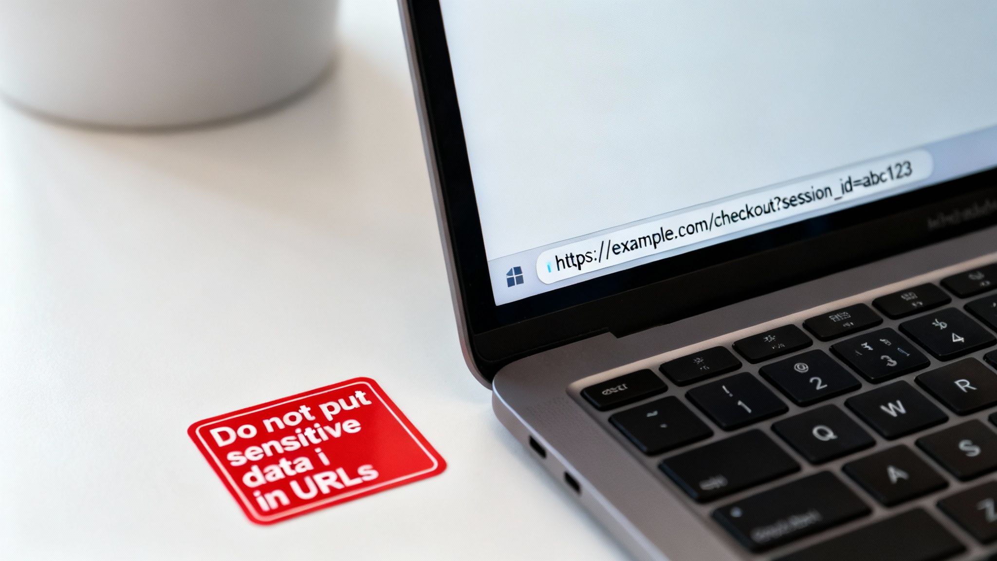 Laptop displaying a URL with a 'session_id' parameter, next to a red warning sticker about sensitive data in URLs.