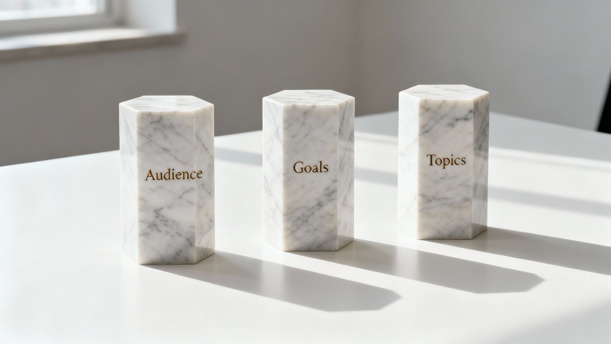 Three white marble hexagonal pillars labeled 'Audience,' 'Goals,' and 'Topics' on a white surface.