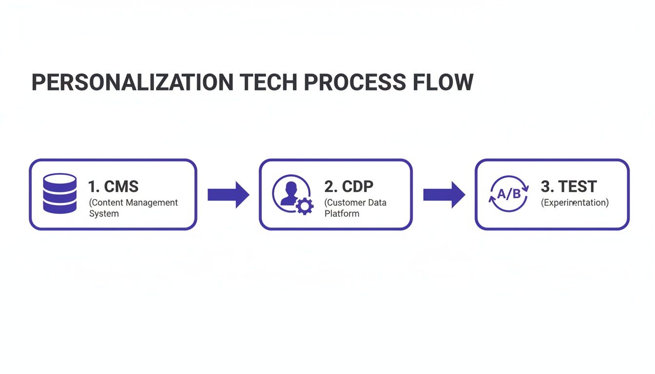 Flow diagram illustrating the personalization tech process from CMS to CDP and then to A/B testing.