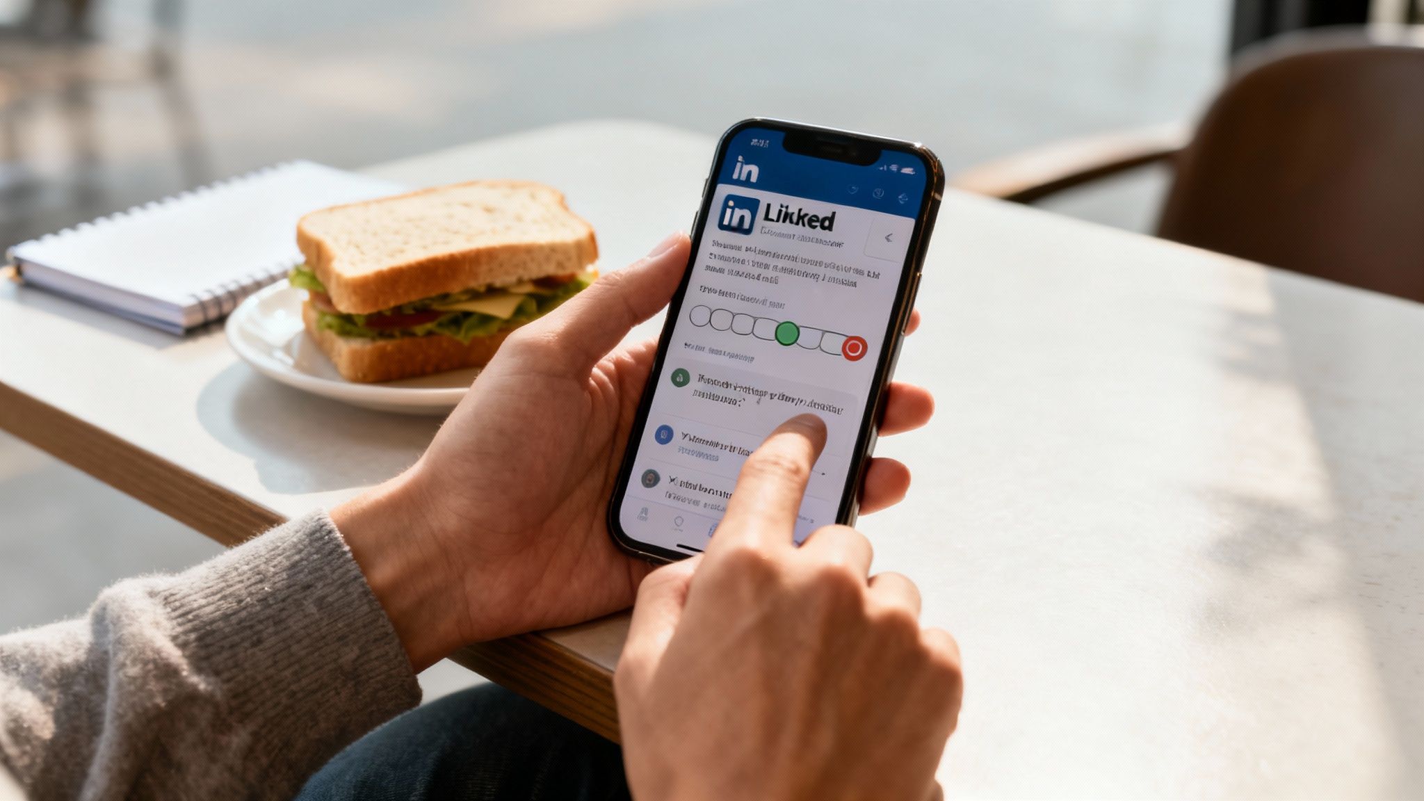 Person holding a smartphone displaying the LinkedIn app, with a sandwich and notebook on a table.