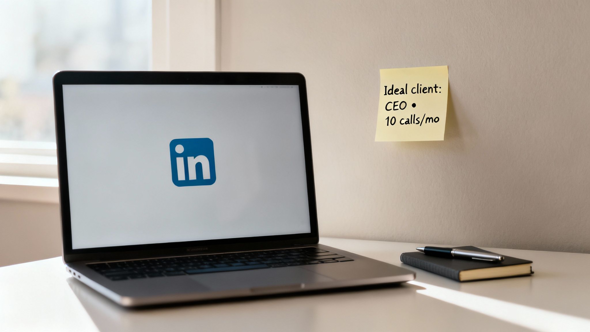 A laptop displaying the LinkedIn logo and a sticky note with 'Ideal client: CEO' on a wall.