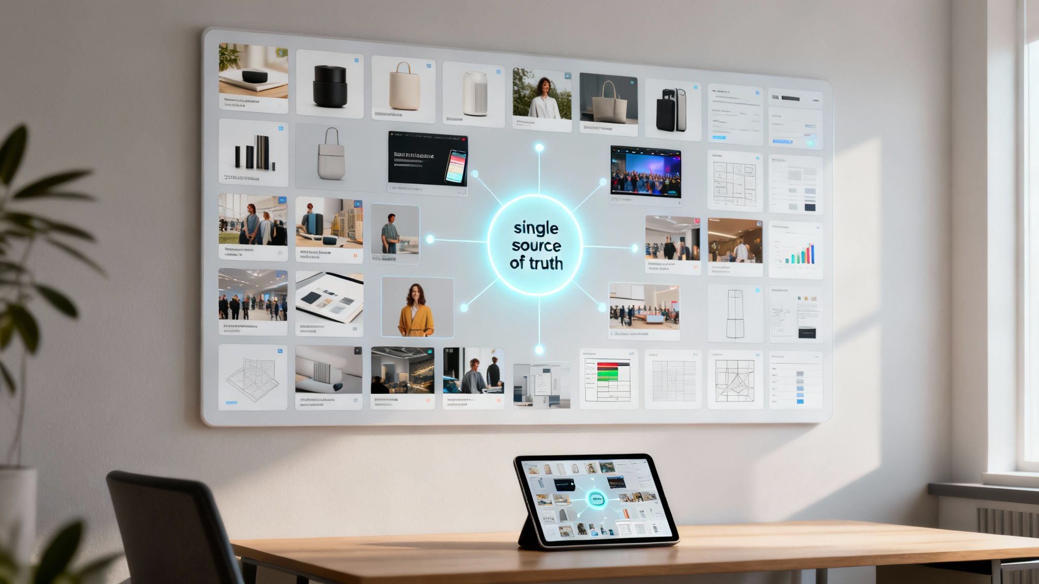 Eine große an der Wand montierte Anzeige zeigt verschiedene digitale Assets, zentriert um eine 'single source of truth', gespiegelt auf einem Tablet.