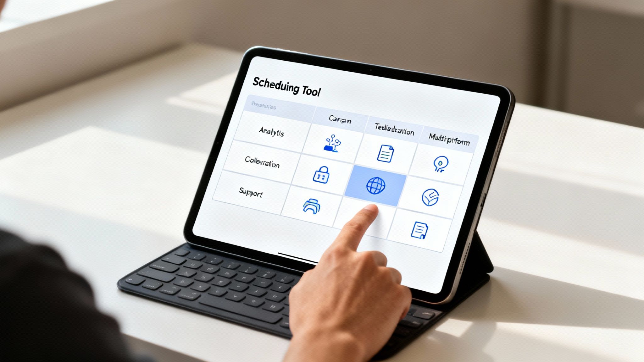 A hand taps on a scheduling tool application displayed on a tablet with a keyboard case.