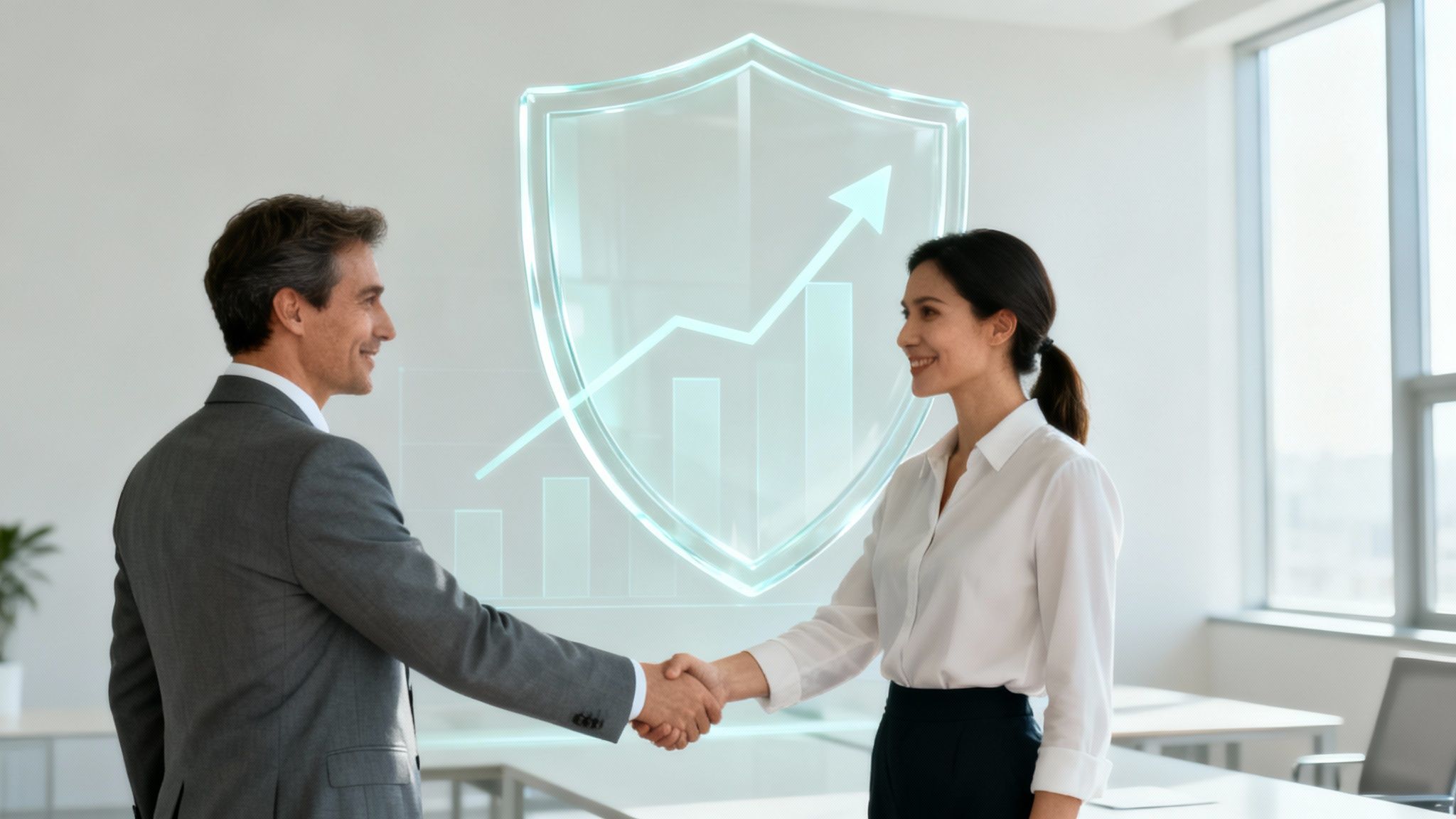 Two smiling business professionals shaking hands in an office with a digital shield and growth chart.