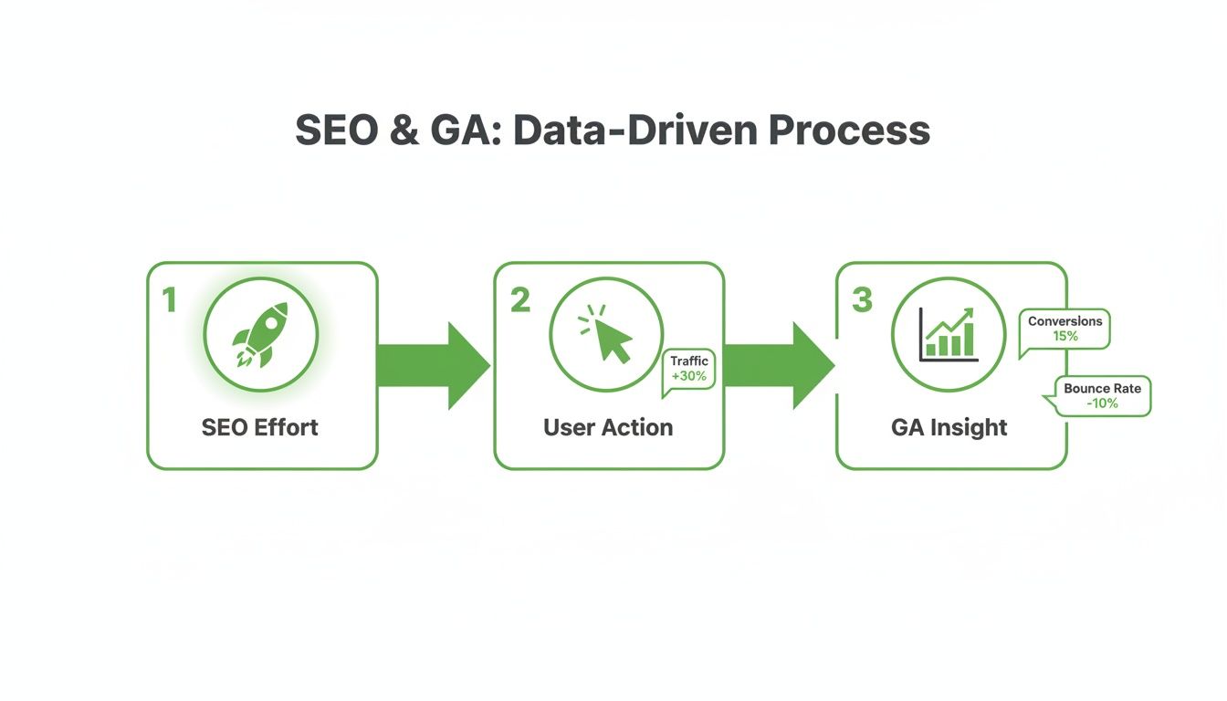 Infographic showing a data-driven SEO and Google Analytics process, from SEO effort to user action and GA insights.