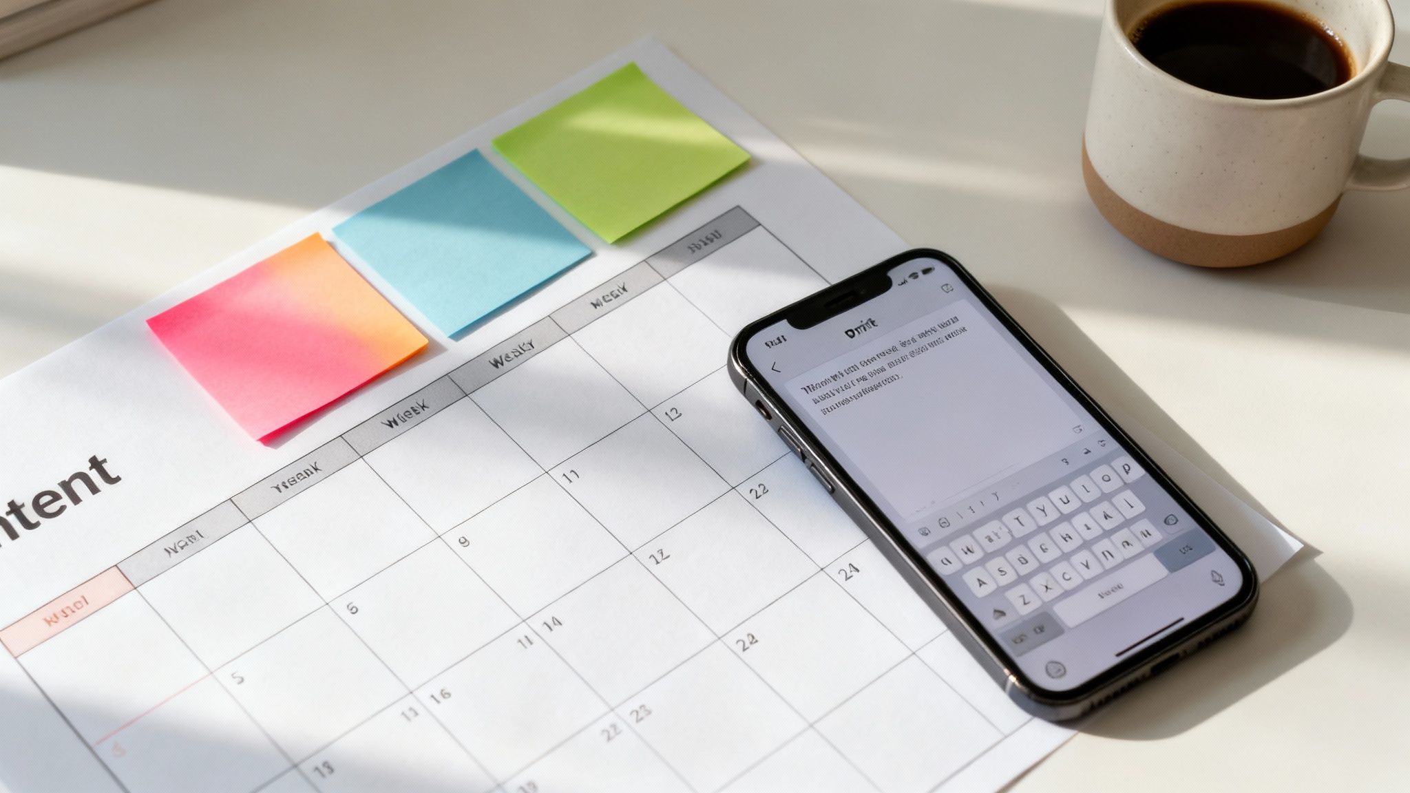 A neatly organized desk with a calendar, colorful sticky notes, a smartphone, and a coffee cup.
