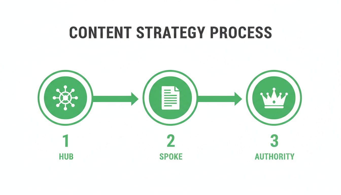 Visual diagram of a content strategy process, illustrating steps: Hub, Spoke, and Authority with icons.
