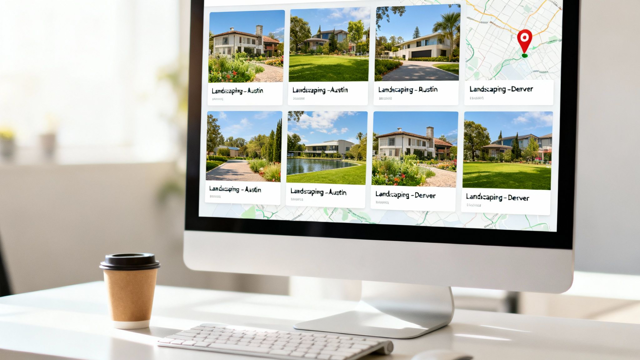 A computer screen displaying a grid of landscaping photos for houses in Austin and Denver, with a map.