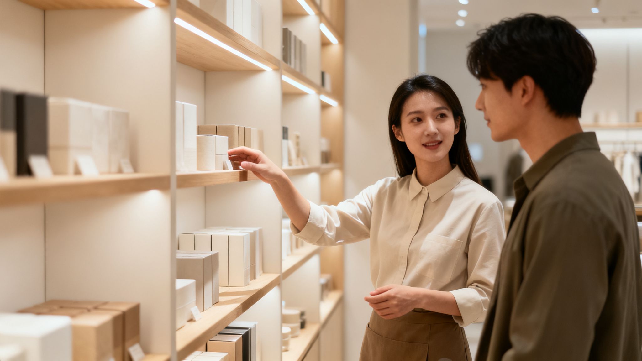 A young Asian woman helps a man choose products from a brightly lit shelf in a modern store.