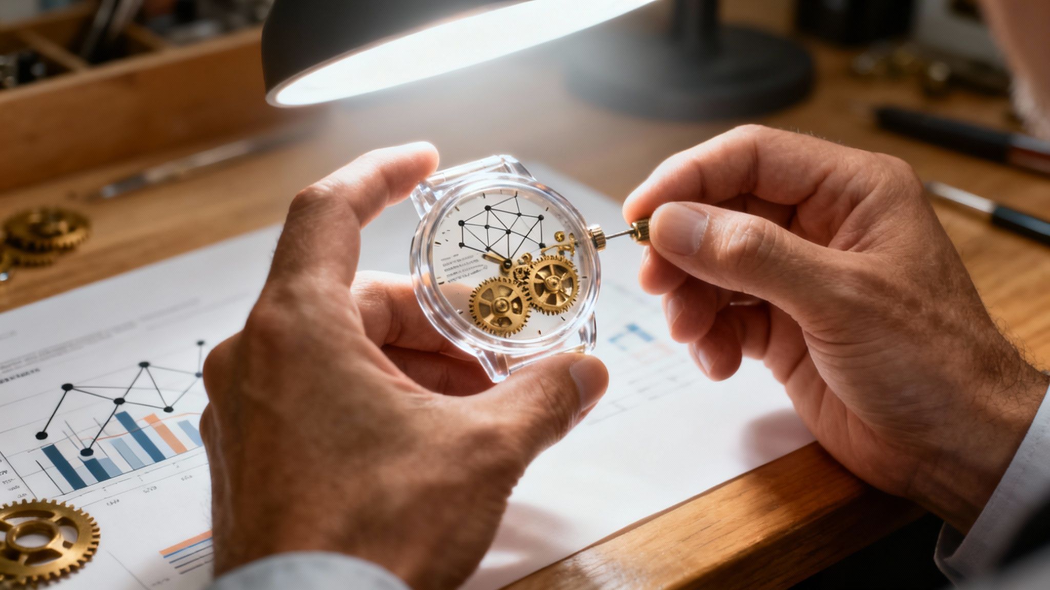 Close-up of a person's hands carefully adjusting a transparent watch with visible golden gears.